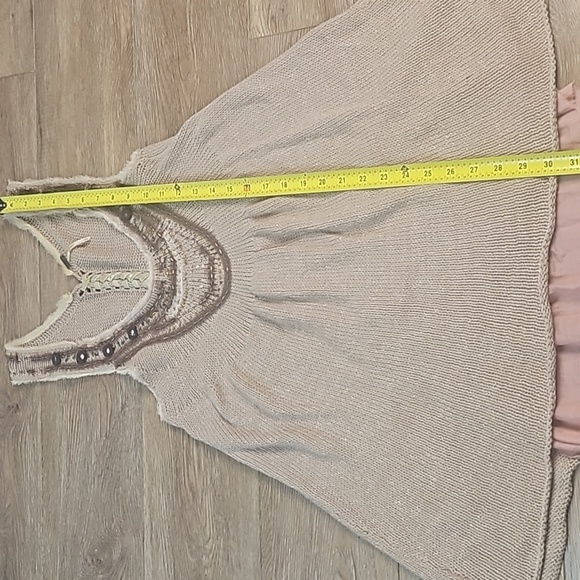 Free People Tan Knit Sequined Beaded Embellished Lace Up Ruffle Back Tunic Tank - Picture 14 of 16